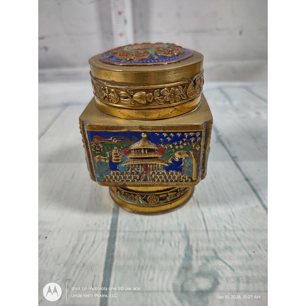 Vintage Chinese Brass Cloisonne Enamel Tea Caddy Temple of Heaven Ginger Jar